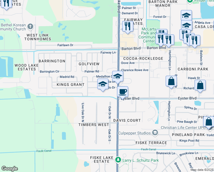 map of restaurants, bars, coffee shops, grocery stores, and more near 1012 Coronado Drive in Rockledge
