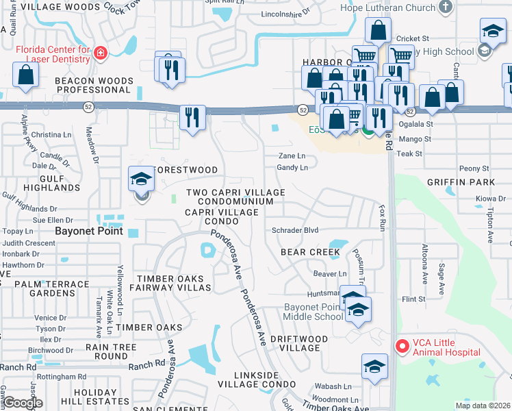 map of restaurants, bars, coffee shops, grocery stores, and more near 11604 Versailles Lane in Port Richey