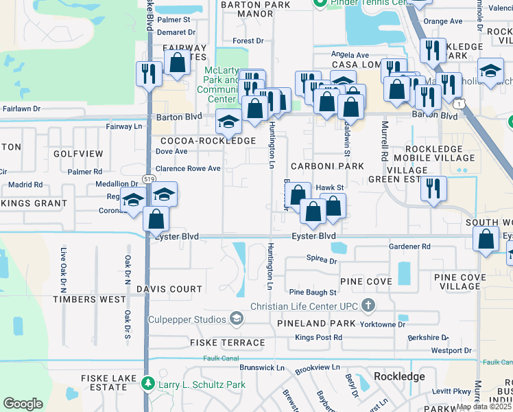 map of restaurants, bars, coffee shops, grocery stores, and more near 1775 Huntington Lane in Rockledge