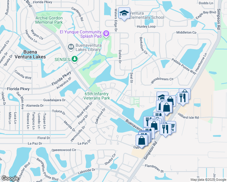 map of restaurants, bars, coffee shops, grocery stores, and more near 251 Taylor Lane in Kissimmee
