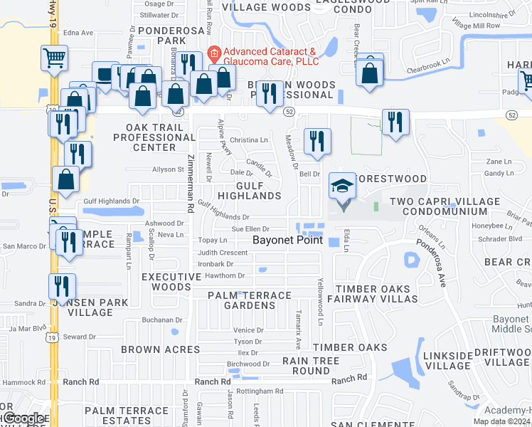 map of restaurants, bars, coffee shops, grocery stores, and more near 7729 Gulf Highlands Drive in Port Richey