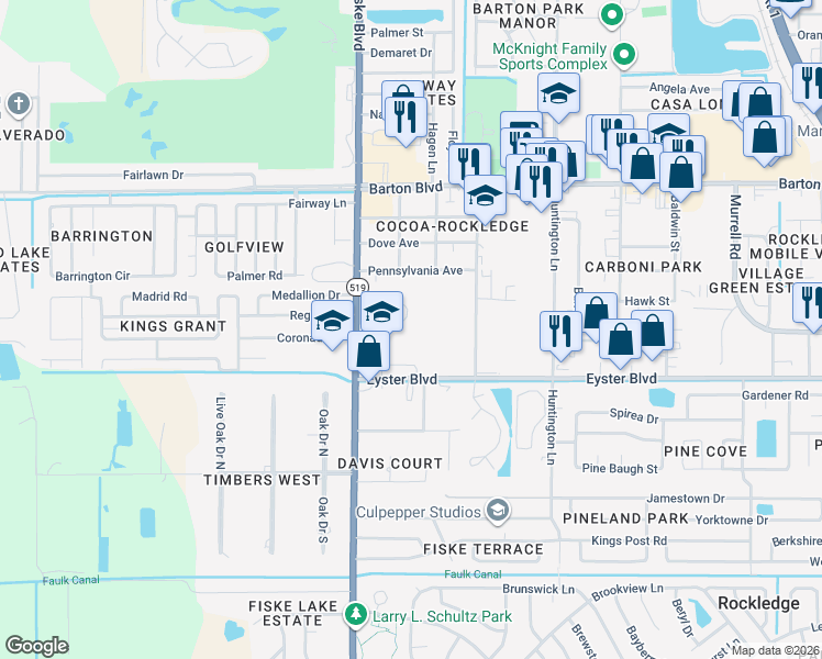 map of restaurants, bars, coffee shops, grocery stores, and more near 2100 South Fiske Boulevard in Rockledge
