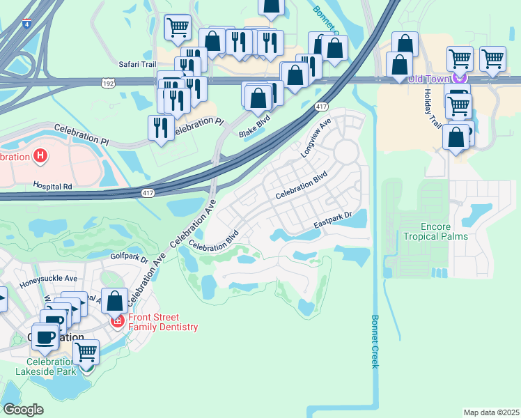map of restaurants, bars, coffee shops, grocery stores, and more near 234 Celebration Boulevard in Celebration