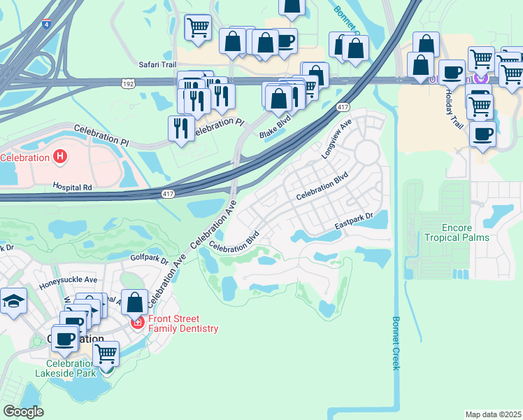 map of restaurants, bars, coffee shops, grocery stores, and more near 315 Grand Magnolia Avenue in Celebration
