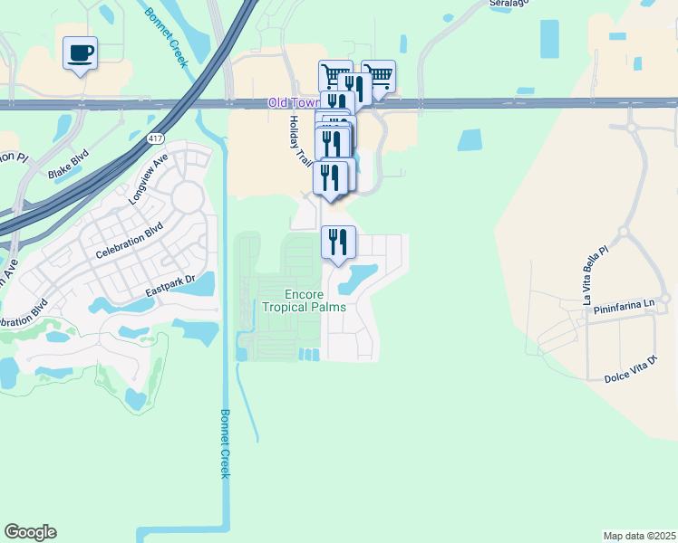map of restaurants, bars, coffee shops, grocery stores, and more near 5780 Golden Hawk Way in Kissimmee