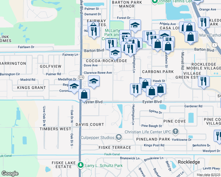 map of restaurants, bars, coffee shops, grocery stores, and more near 1801 Cedar Street in Rockledge