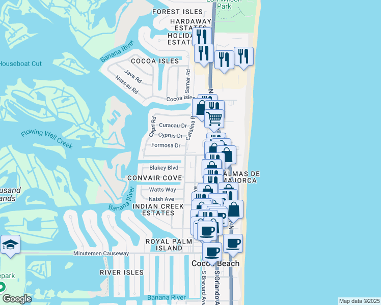 map of restaurants, bars, coffee shops, grocery stores, and more near 400 Catalina Road in Cocoa Beach
