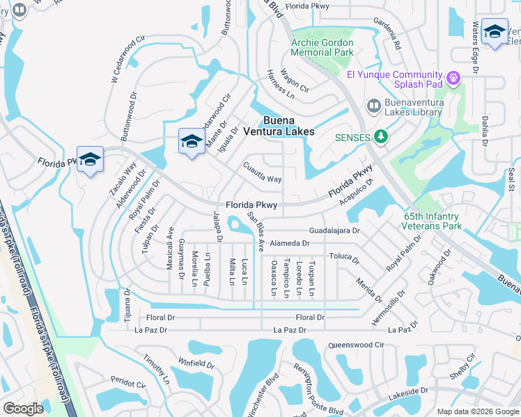 map of restaurants, bars, coffee shops, grocery stores, and more near 677 Florida Parkway in Kissimmee