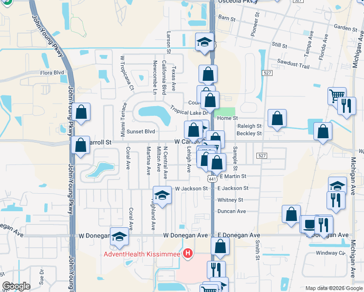 map of restaurants, bars, coffee shops, grocery stores, and more near 240 West Carroll Street in Kissimmee