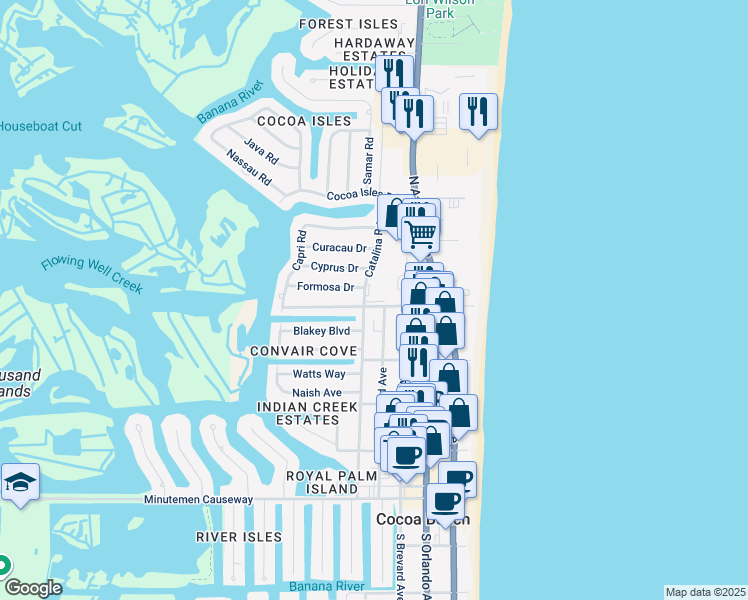 map of restaurants, bars, coffee shops, grocery stores, and more near 400 Catalina Road in Cocoa Beach