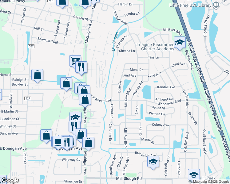 map of restaurants, bars, coffee shops, grocery stores, and more near 2658 Dixie Lane in Kissimmee