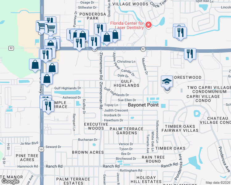 map of restaurants, bars, coffee shops, grocery stores, and more near 7603 Gulf Highlands Drive in Port Richey
