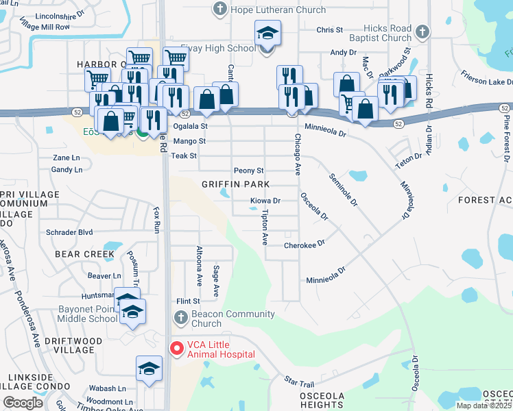 map of restaurants, bars, coffee shops, grocery stores, and more near 9320 Kiowa Drive in New Port Richey