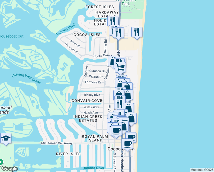 map of restaurants, bars, coffee shops, grocery stores, and more near 400 Catalina Road in Cocoa Beach