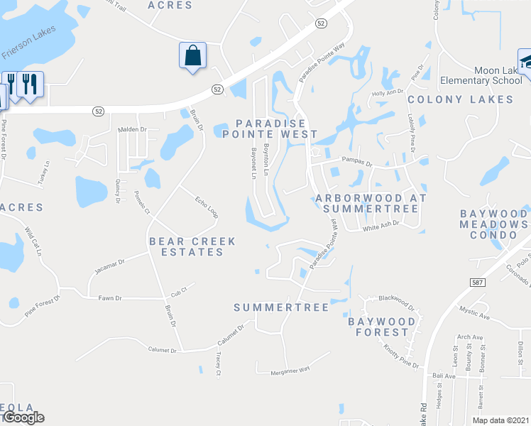 map of restaurants, bars, coffee shops, grocery stores, and more near 11618 Bayonet Lane in New Port Richey