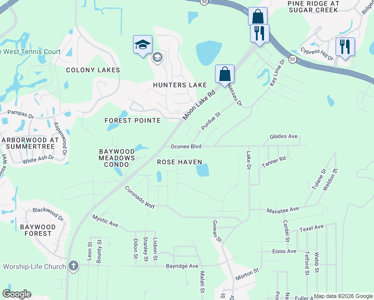 map of restaurants, bars, coffee shops, grocery stores, and more near 12430 Oconee Boulevard in New Port Richey