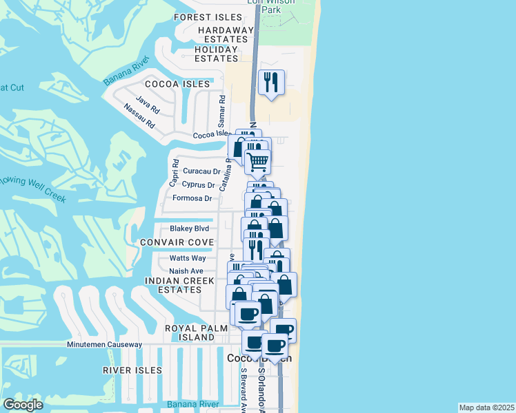 map of restaurants, bars, coffee shops, grocery stores, and more near 850 North Atlantic Avenue in Cocoa Beach