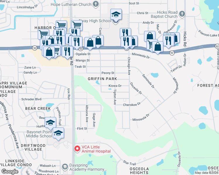 map of restaurants, bars, coffee shops, grocery stores, and more near 9320 Kiowa Drive in New Port Richey
