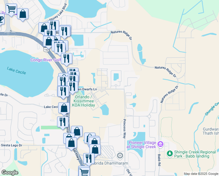 map of restaurants, bars, coffee shops, grocery stores, and more near 2716 Club Cortile Cir in Kissimmee