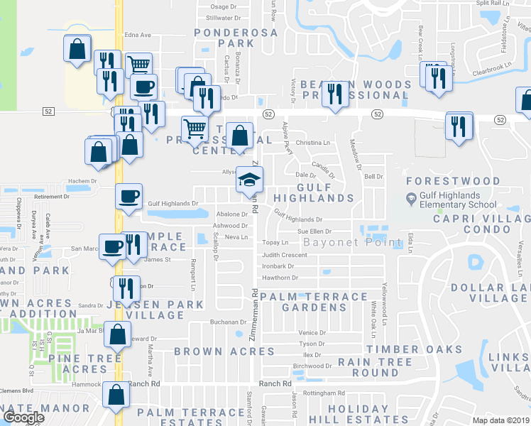 map of restaurants, bars, coffee shops, grocery stores, and more near 11611 Newell Drive in Port Richey