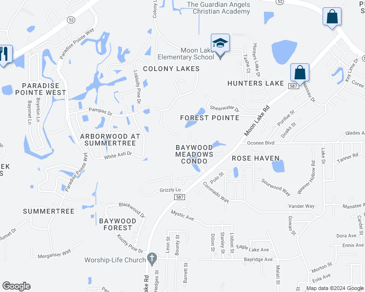 map of restaurants, bars, coffee shops, grocery stores, and more near 12051 Proctor Loop in New Port Richey