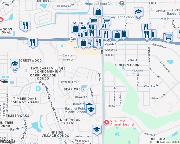 map of restaurants, bars, coffee shops, grocery stores, and more near 11611 Bear Paw Lane in Port Richey