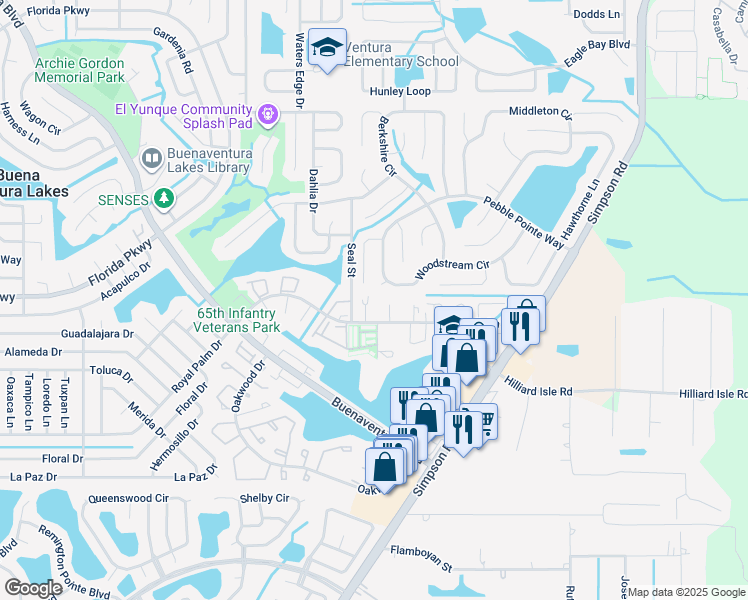 map of restaurants, bars, coffee shops, grocery stores, and more near 296 Flower Lane in Kissimmee