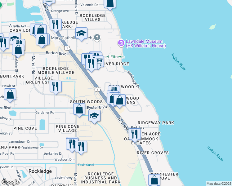 map of restaurants, bars, coffee shops, grocery stores, and more near 54 Knollwood Drive in Rockledge