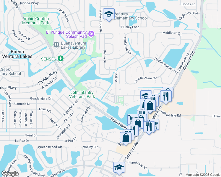 map of restaurants, bars, coffee shops, grocery stores, and more near 205 Eden Lane in Kissimmee