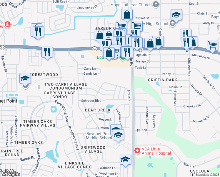 map of restaurants, bars, coffee shops, grocery stores, and more near 8741 Honeycomb Drive in Port Richey