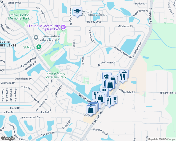 map of restaurants, bars, coffee shops, grocery stores, and more near 296 Flower Lane in Kissimmee