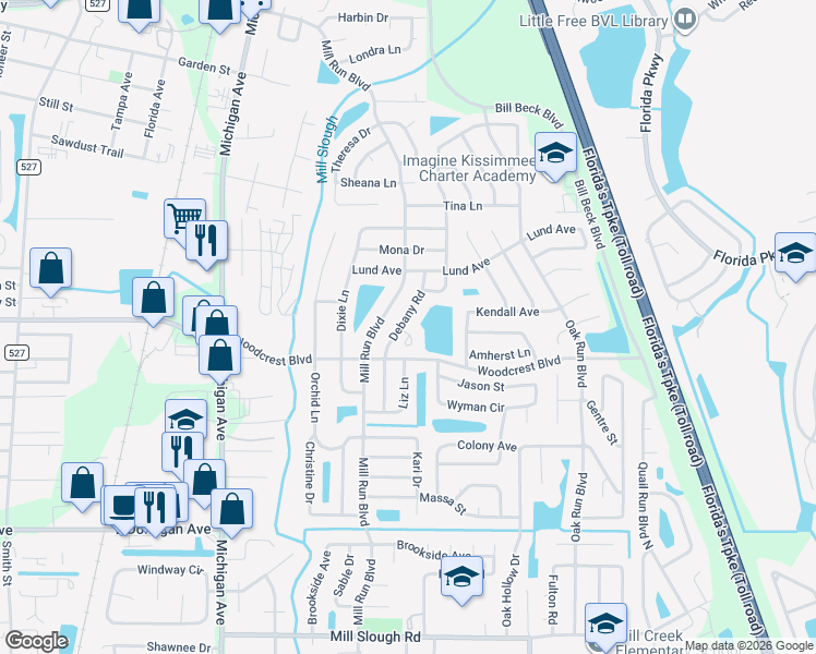 map of restaurants, bars, coffee shops, grocery stores, and more near 2665 Debany Road in Kissimmee