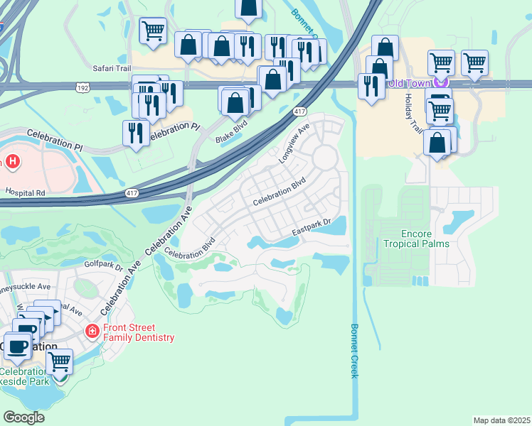 map of restaurants, bars, coffee shops, grocery stores, and more near 219 Celebration Boulevard in Kissimmee