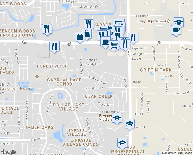 map of restaurants, bars, coffee shops, grocery stores, and more near 8625 Briar Patch Drive in Port Richey