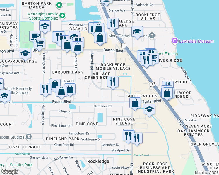map of restaurants, bars, coffee shops, grocery stores, and more near 1006 Pathfinder Way in Rockledge