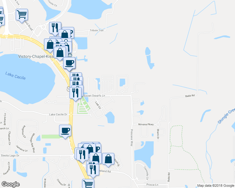 map of restaurants, bars, coffee shops, grocery stores, and more near 2716 Club Cortile Circle in Kissimmee