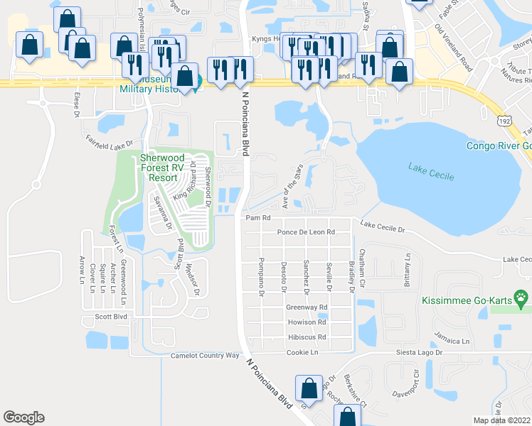 map of restaurants, bars, coffee shops, grocery stores, and more near 2727 North Poinciana Boulevard in Kissimmee