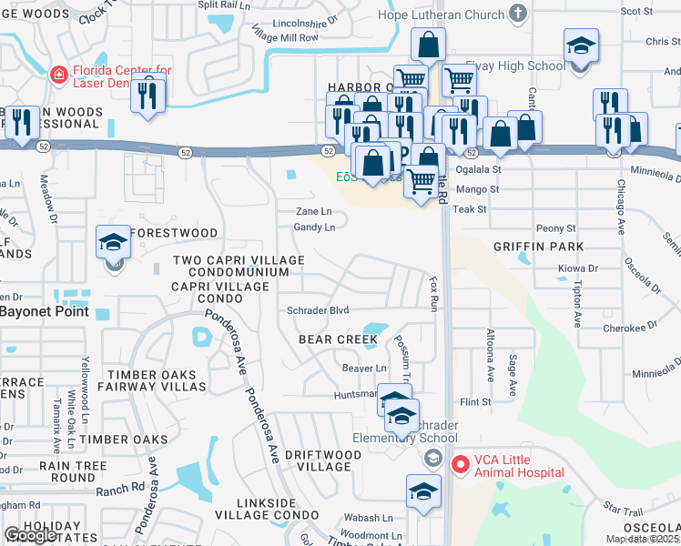 map of restaurants, bars, coffee shops, grocery stores, and more near 8705 Vixen Lane in Port Richey