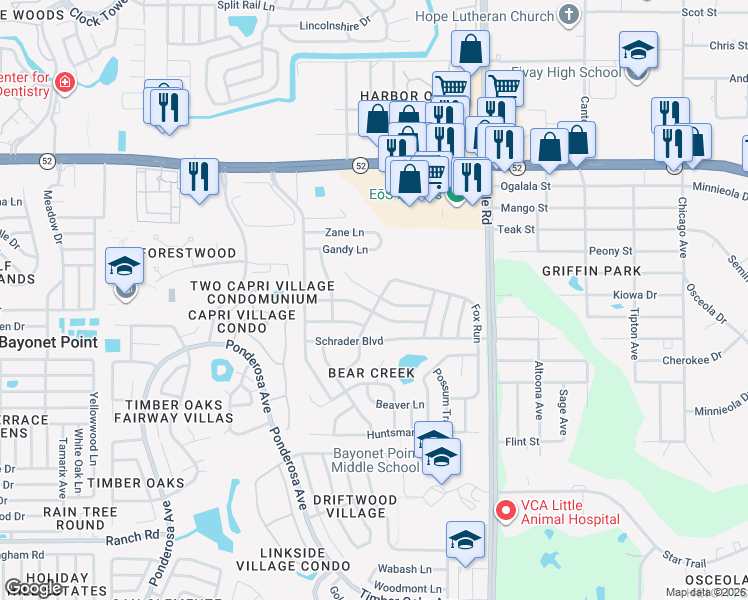 map of restaurants, bars, coffee shops, grocery stores, and more near 8705 Vixen Lane in Port Richey