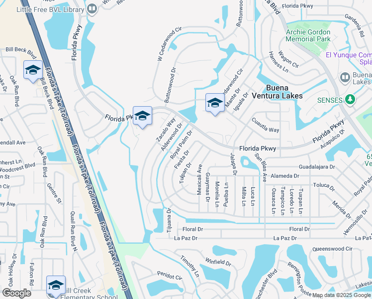 map of restaurants, bars, coffee shops, grocery stores, and more near 159 Fiesta Drive in Kissimmee