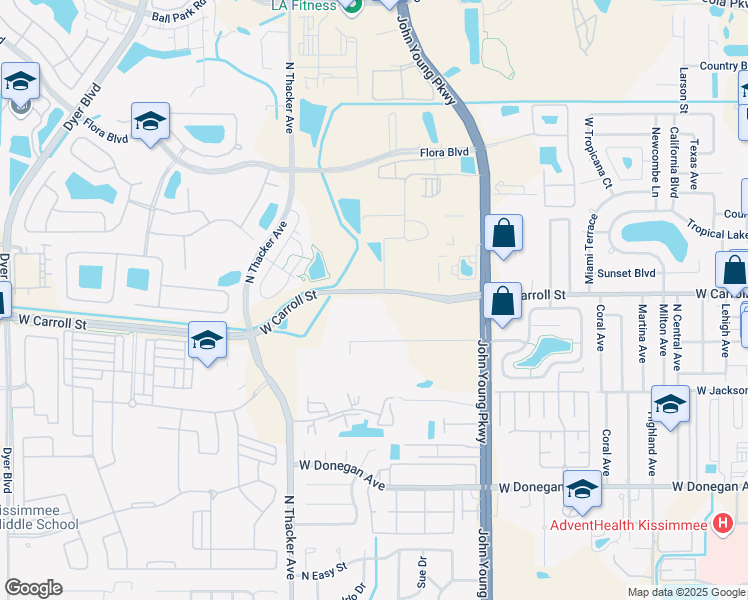 map of restaurants, bars, coffee shops, grocery stores, and more near 1600 West Carroll Street in Kissimmee