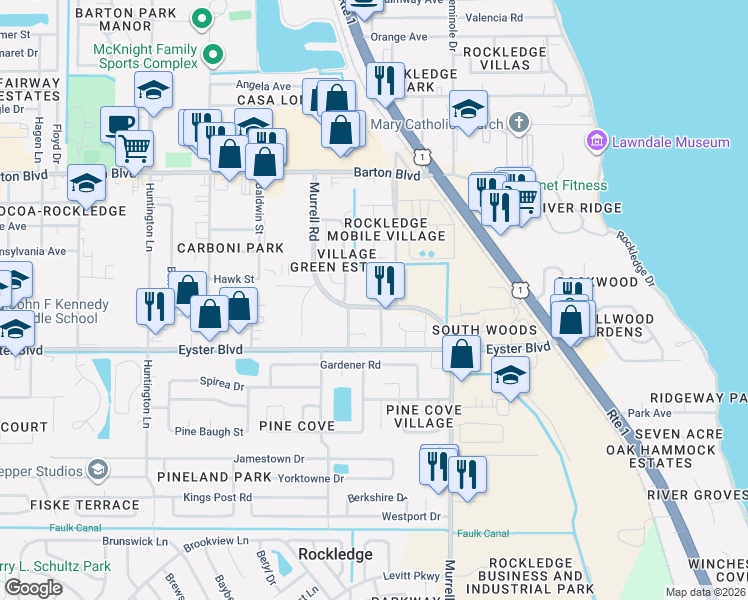 map of restaurants, bars, coffee shops, grocery stores, and more near 1006 Pathfinder Way in Rockledge