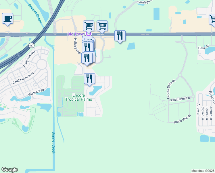 map of restaurants, bars, coffee shops, grocery stores, and more near 2740 Corvette Lane in Kissimmee