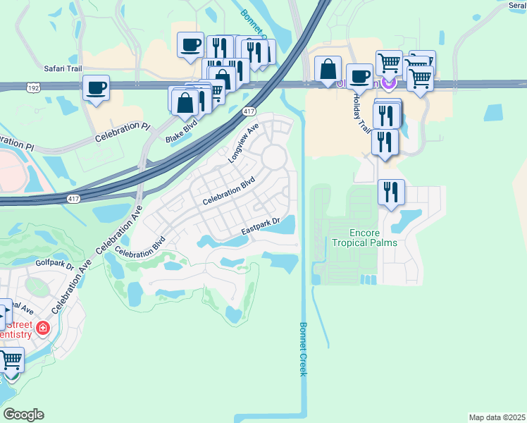 map of restaurants, bars, coffee shops, grocery stores, and more near 200 Norfolk Place in Kissimmee