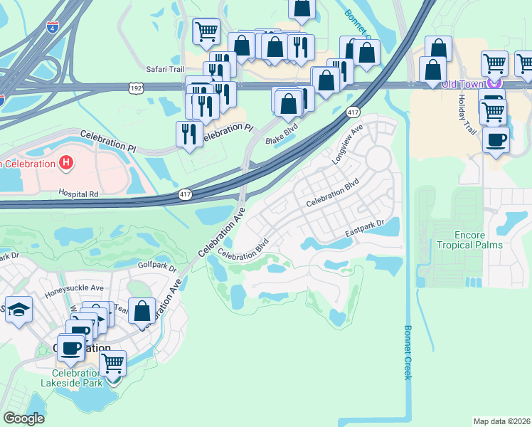 map of restaurants, bars, coffee shops, grocery stores, and more near 315 Grand Magnolia Avenue in Celebration