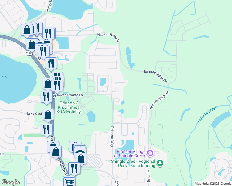 map of restaurants, bars, coffee shops, grocery stores, and more near 4404 Hamlet Court in Kissimmee
