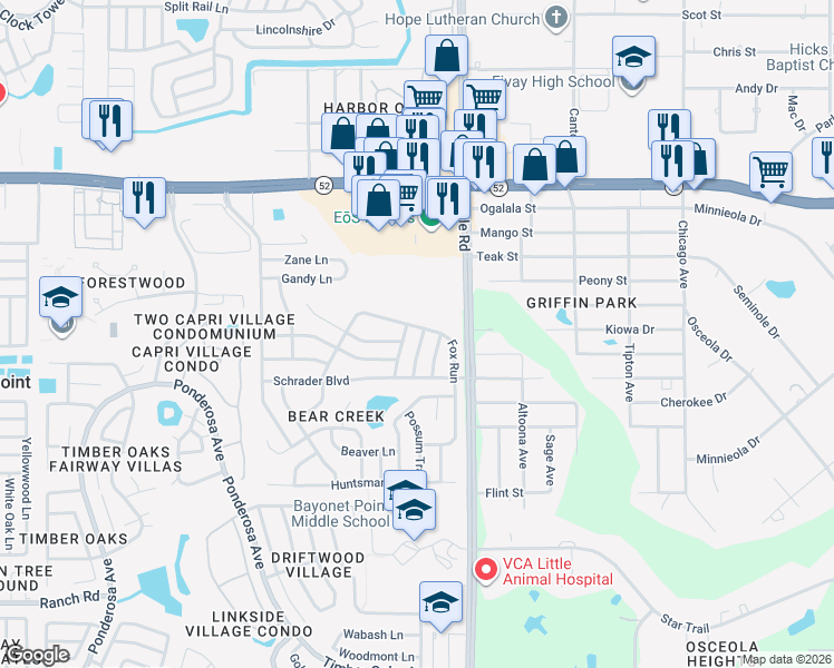 map of restaurants, bars, coffee shops, grocery stores, and more near 11611 Bear Paw Lane in Port Richey