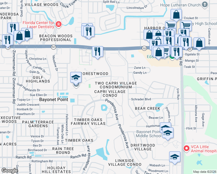 map of restaurants, bars, coffee shops, grocery stores, and more near 11609 Orleans Lane in Port Richey