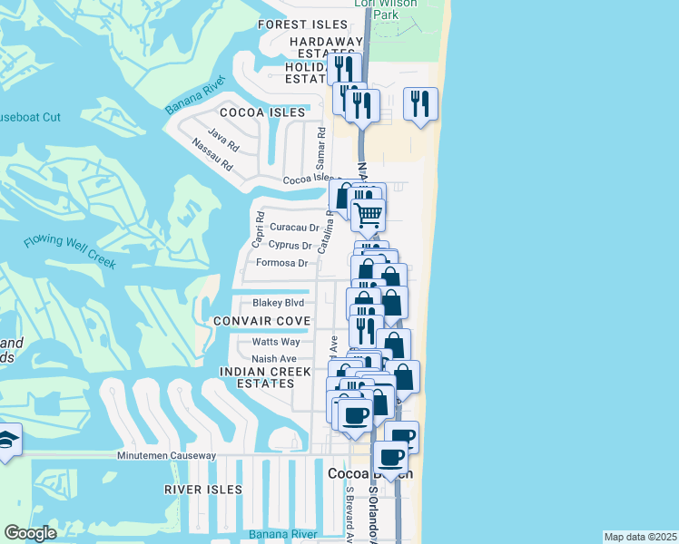 map of restaurants, bars, coffee shops, grocery stores, and more near 500 North Brevard Avenue in Cocoa Beach