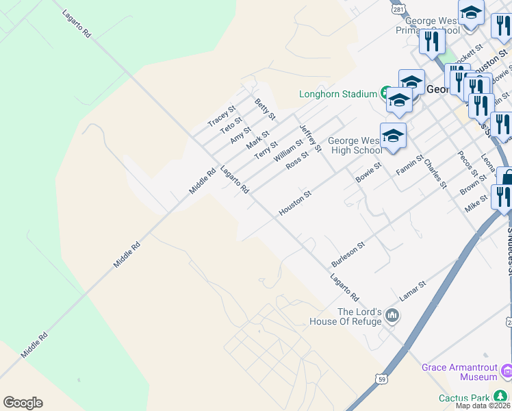 map of restaurants, bars, coffee shops, grocery stores, and more near 1401 Chelsea Drive in George West